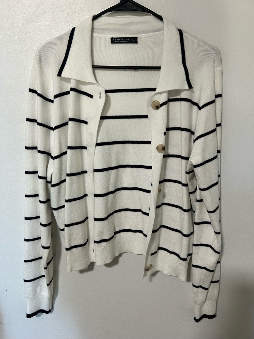 Emerson Lang Nautical Stripe Button Front Knit Cardigan White Black L